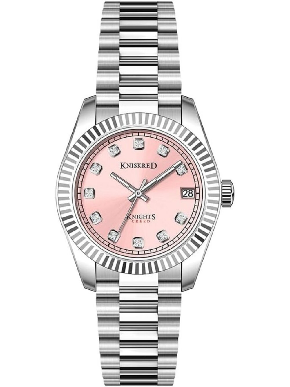 Women's Silver Pink Crystal Accented Dial Solid Stainless Steel Band Wrist Watch